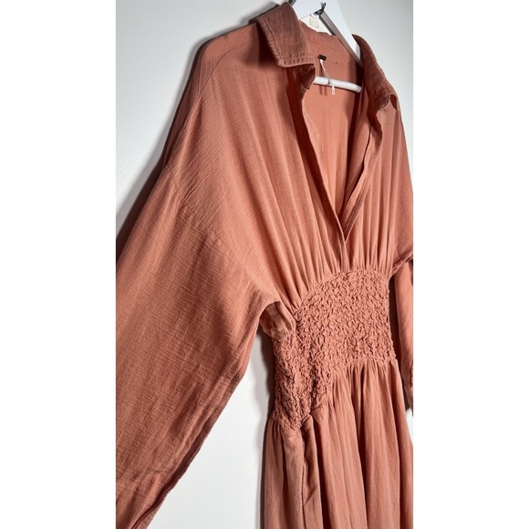 Free People Medium Monika Shirt Dress Smocked Waist Deep V-Neck Autumn Peach EUC - Picture 5 of 14